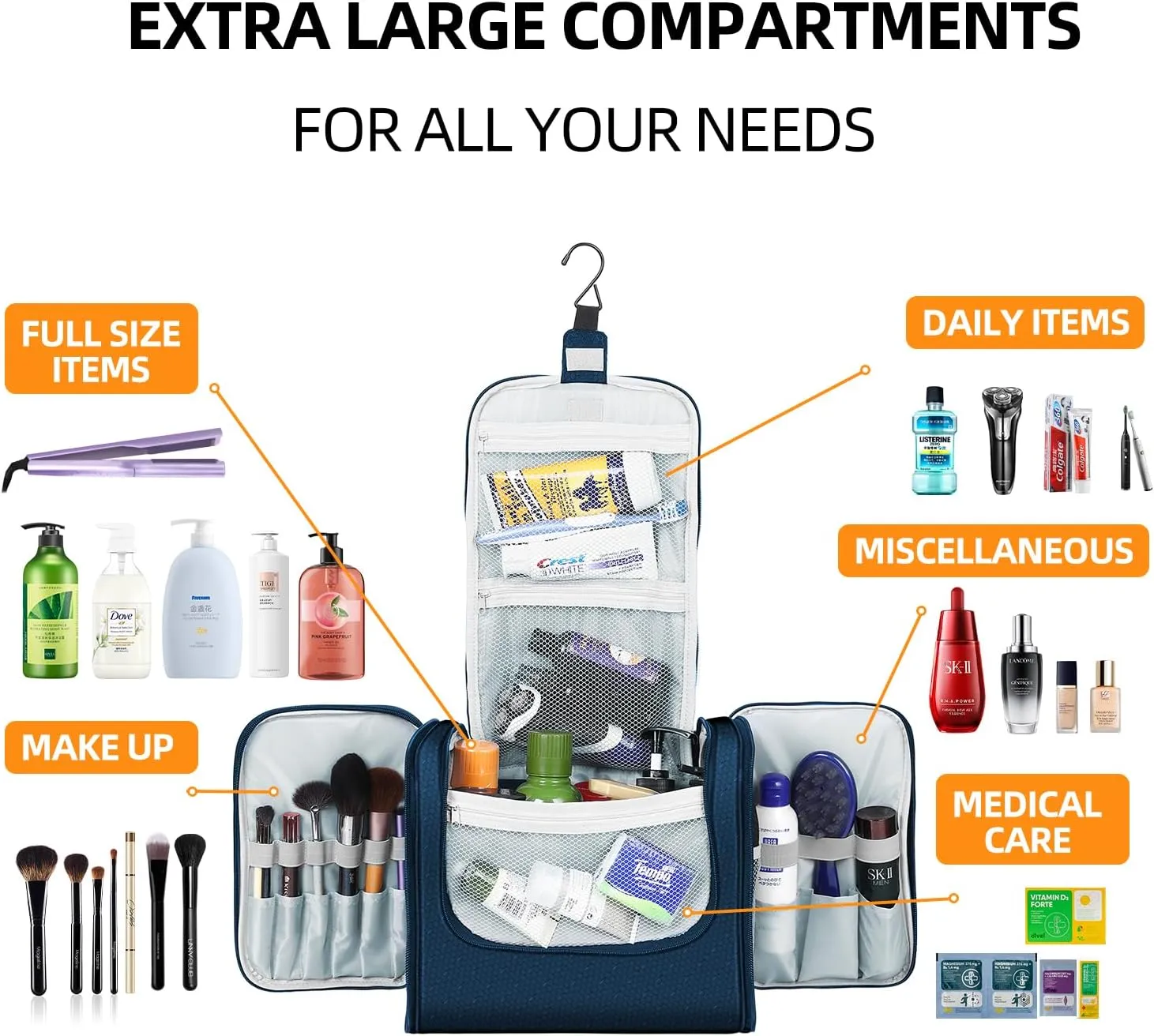 Buruis Extra Large Capacity Toiletry Bag for Women and Men, Hanging Toiletry Organizer Cosmetics Makeup Bag, Water-resistant Dopp Kit for Full Sized Toiletries, Travel Essentials (Blue)