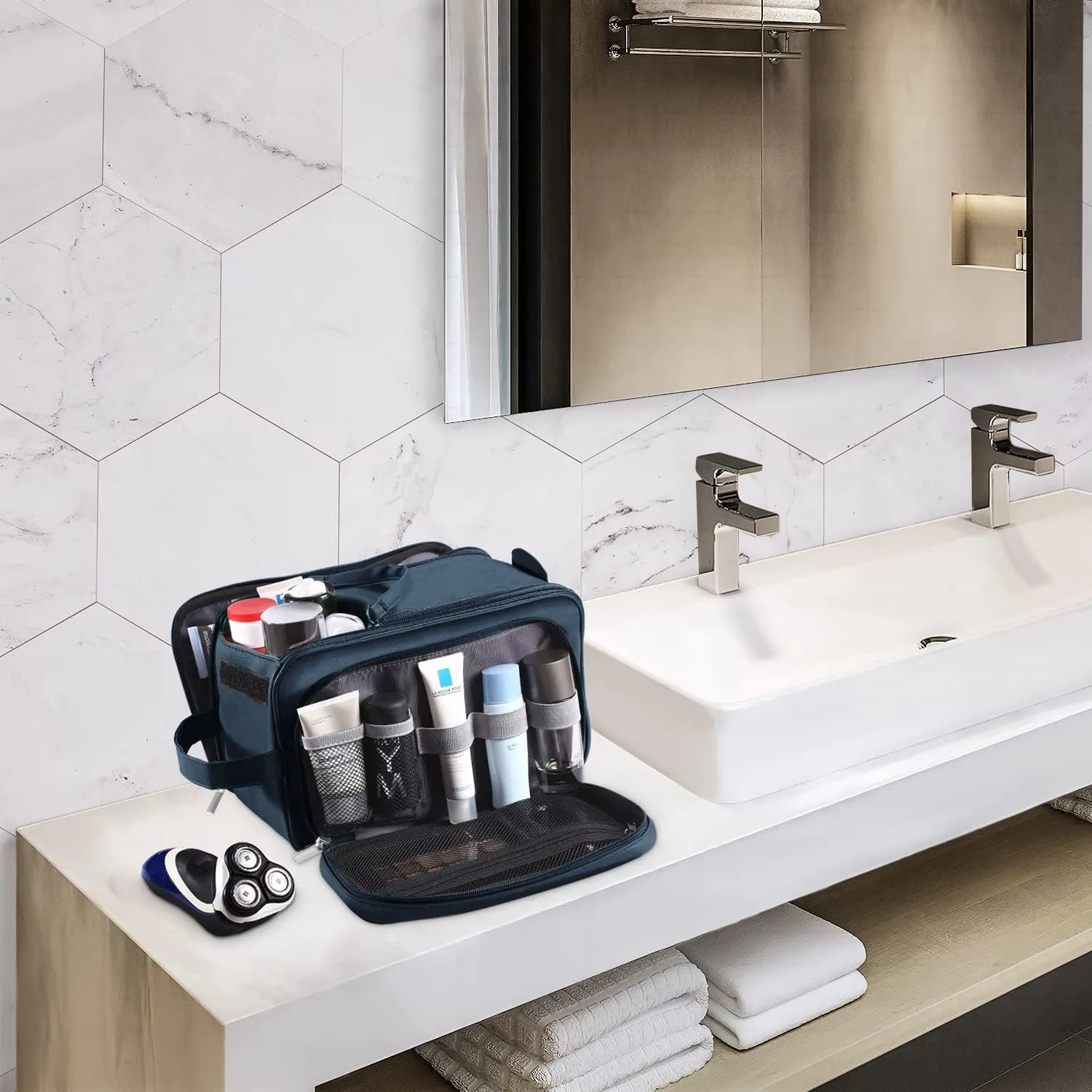Buruis Extra Large Toiletry Bag for Men, Travel Toiletry Organizer Dopp Kit Water-resistant Shaving Bags, PU Leather Cosmetic Bathroom Shower Bag for Toiletries, Grooming, Accessories (Blue)
