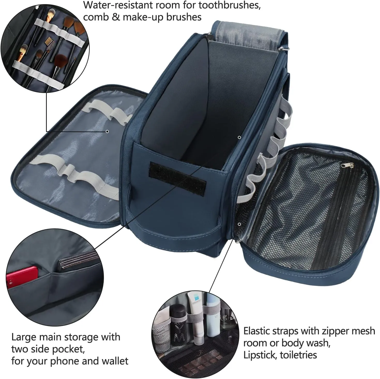 Buruis Extra Large Toiletry Bag for Men, Travel Toiletry Organizer Dopp Kit Water-resistant Shaving Bags, PU Leather Cosmetic Bathroom Shower Bag for Toiletries, Grooming, Accessories (Blue)