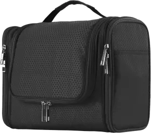 Buruis Large Capacity Toiletry Bag for Women and Men, Hanging Toiletry Organizer Cosmetics Makeup Bag, Water-resistant Dopp Kit Shaving Bags for Full Sized Toiletries, Travel Essentials (Black)