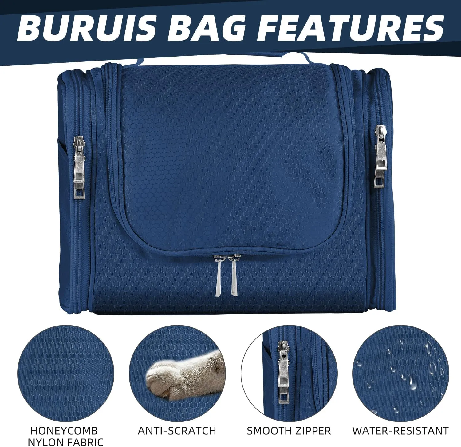 Buruis Large Capacity Toiletry Bag for Women and Men, Hanging Toiletry Organizer Cosmetics Makeup Bag, Water-resistant Dopp Kit Shaving Bags for Full Sized Toiletries, Travel Essentials (Blue)
