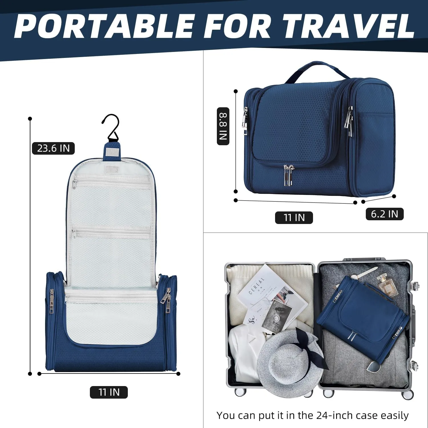 Buruis Large Capacity Toiletry Bag for Women and Men, Hanging Toiletry Organizer Cosmetics Makeup Bag, Water-resistant Dopp Kit Shaving Bags for Full Sized Toiletries, Travel Essentials (Blue)