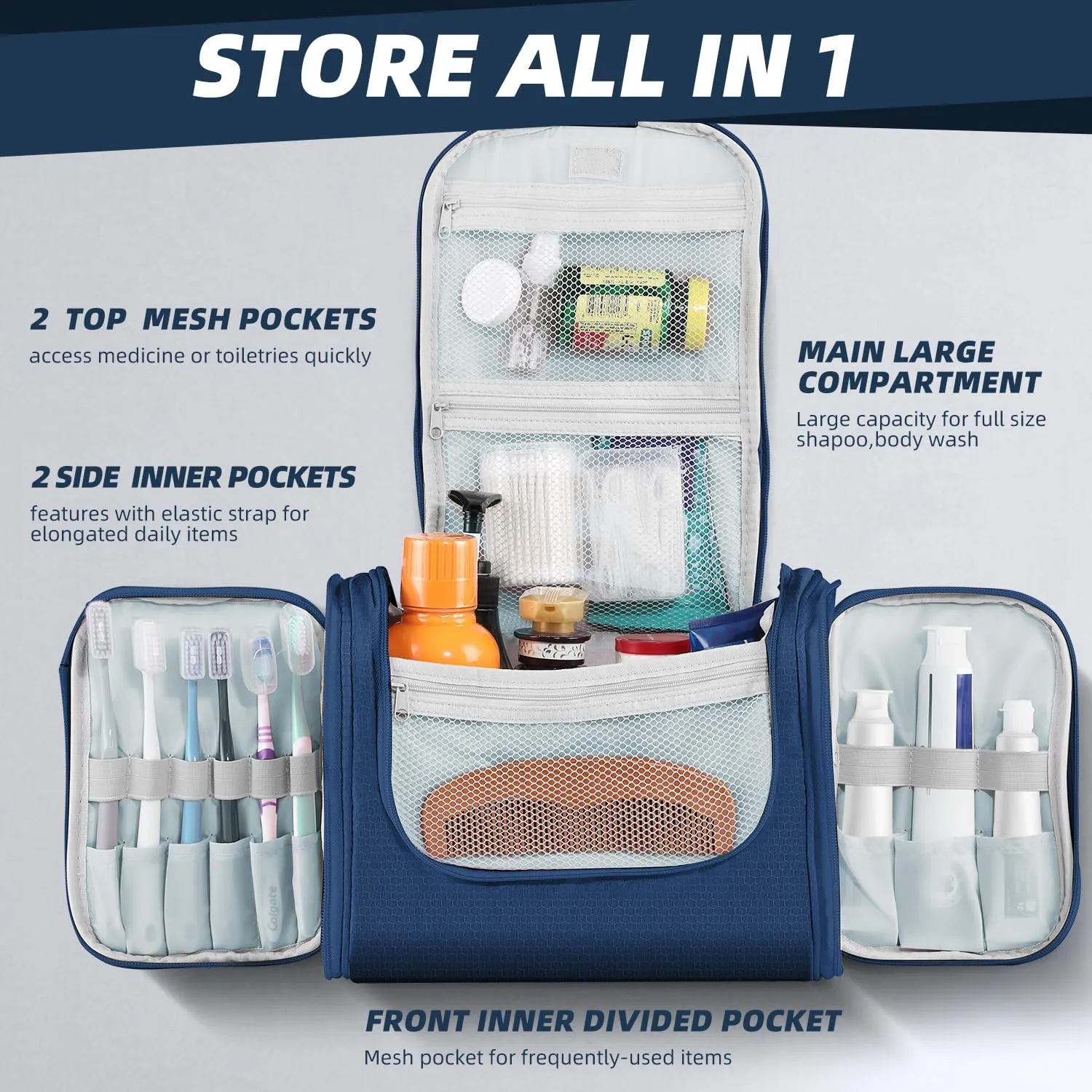 Buruis Large Capacity Toiletry Bag for Women and Men, Hanging Toiletry Organizer Cosmetics Makeup Bag, Water-resistant Dopp Kit Shaving Bags for Full Sized Toiletries, Travel Essentials (Blue)