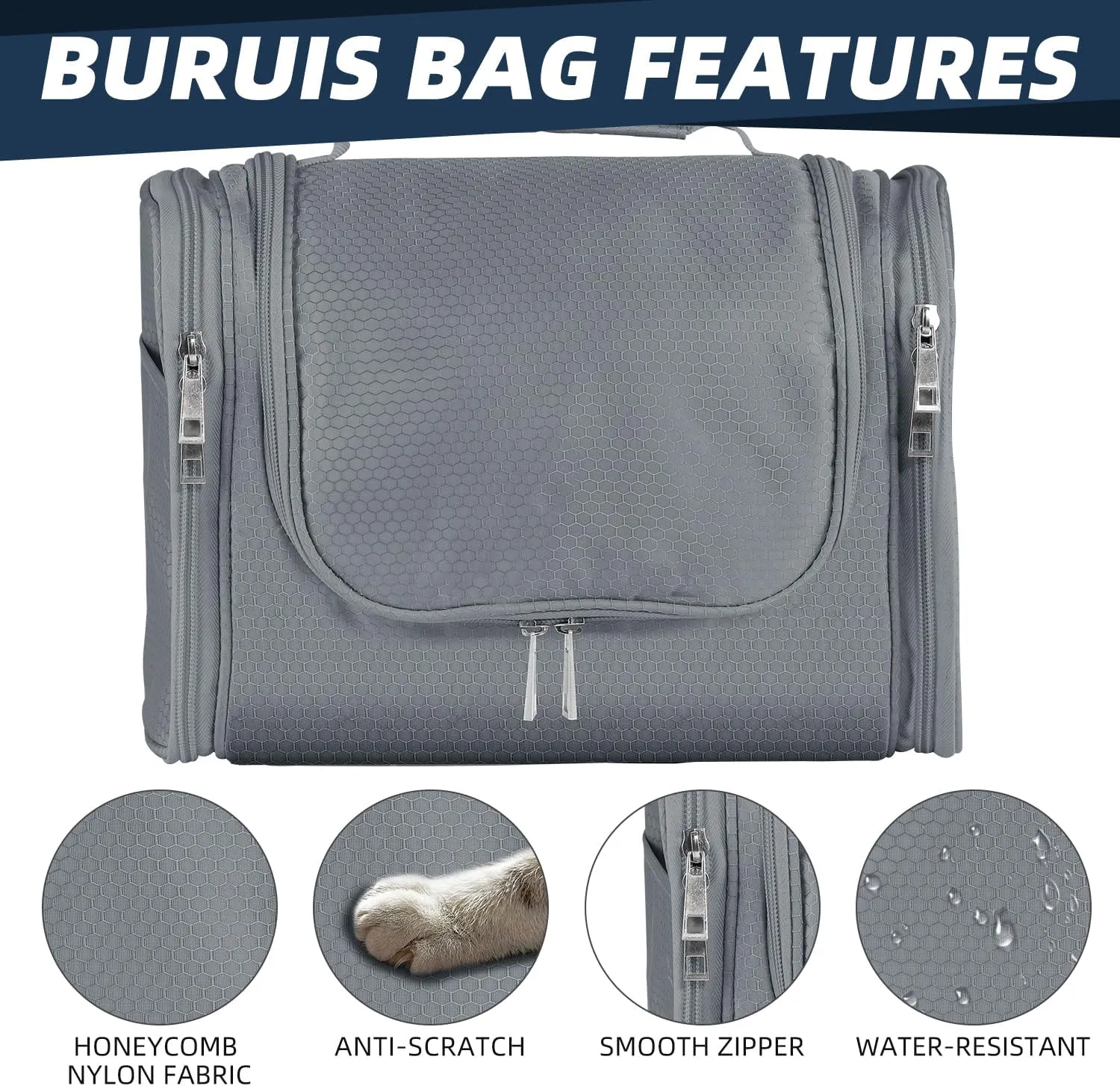Buruis Large Capacity Toiletry Bag for Women and Men, Hanging Toiletry Organizer Cosmetics Makeup Bag, Water-resistant Dopp Kit Shaving Bags for Full Sized Toiletries, Travel Essentials (Gray)