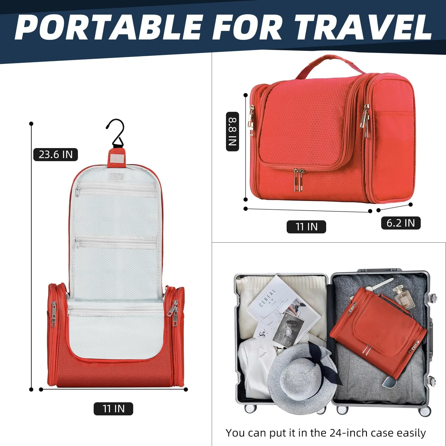 Buruis Large Capacity Toiletry Bag for Women and Men, Hanging Toiletry Organizer Cosmetics Makeup Bag, Water-resistant Dopp Kit Shaving Bags for Full Sized Toiletries, Travel Essentials (Orange)