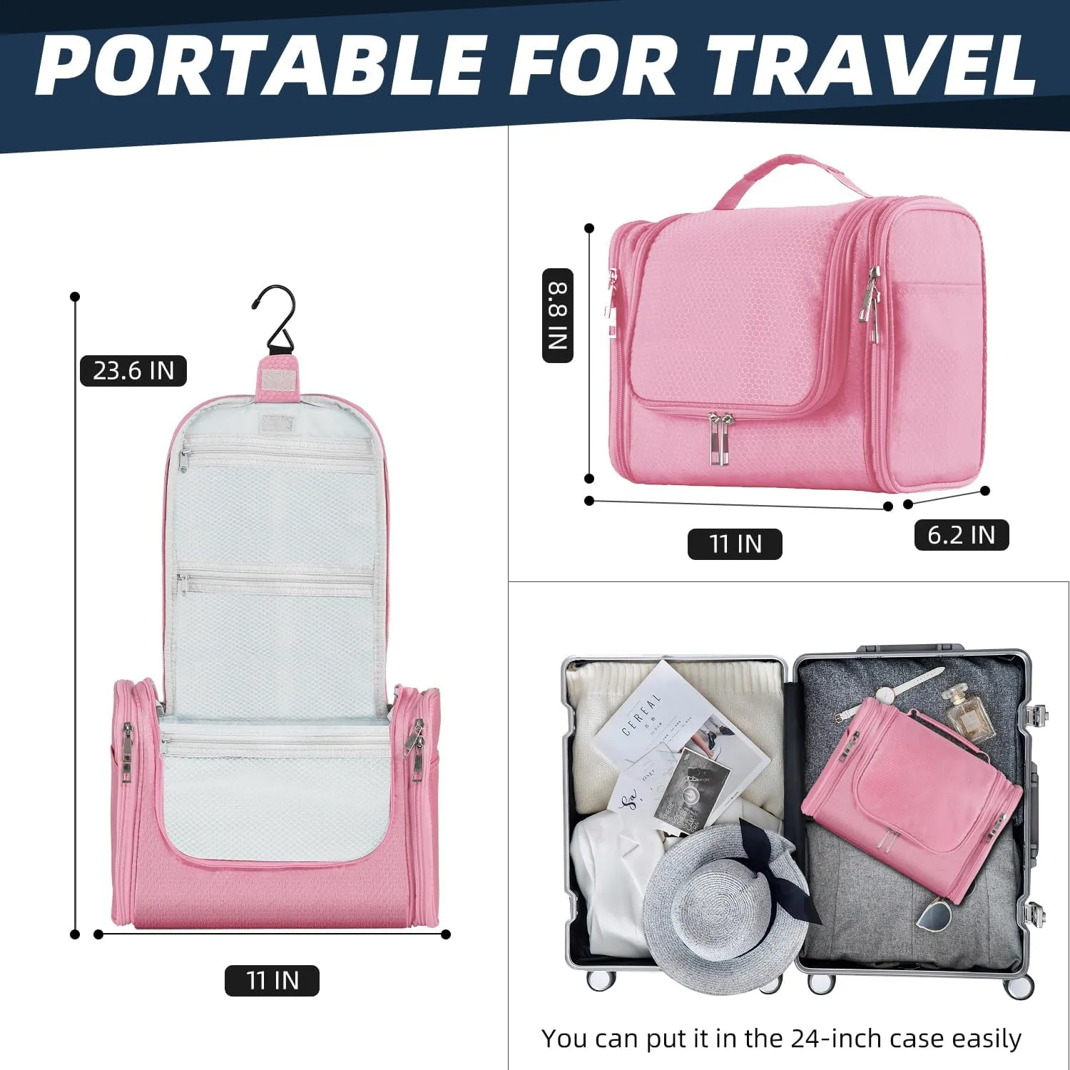 Buruis Large Capacity Toiletry Bag for Women and Men, Hanging Toiletry Organizer Cosmetics Makeup Bag, Water-resistant Dopp Kit Shaving Bags for Full Sized Toiletries, Travel Essentials (Pink)