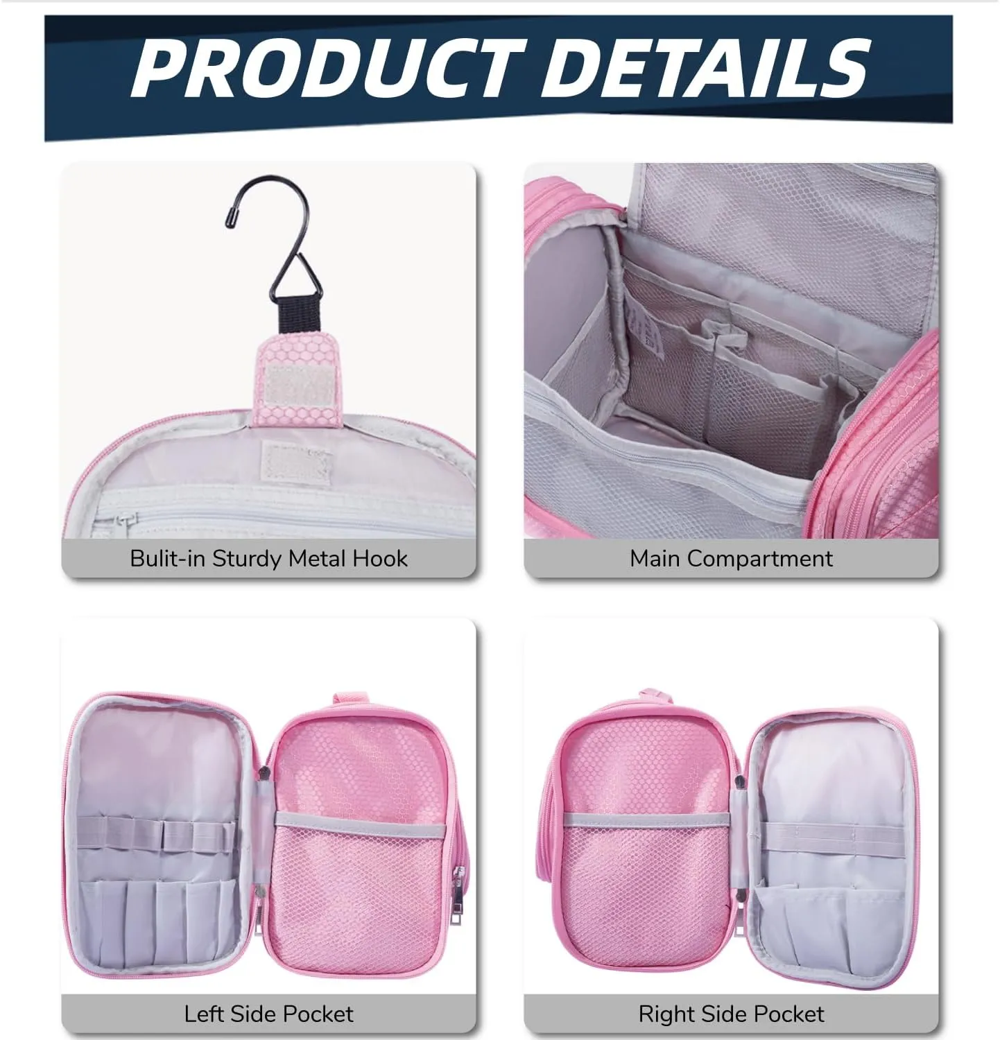 Buruis Large Capacity Toiletry Bag for Women and Men, Hanging Toiletry Organizer Cosmetics Makeup Bag, Water-resistant Dopp Kit Shaving Bags for Full Sized Toiletries, Travel Essentials (Pink)