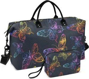 Butterfly Travel Duffle Bag Gym Bag, Bright Neon Butterflies Weekender Bags for Women with Toiletry Bag Travel Tote Bag Swim Bag