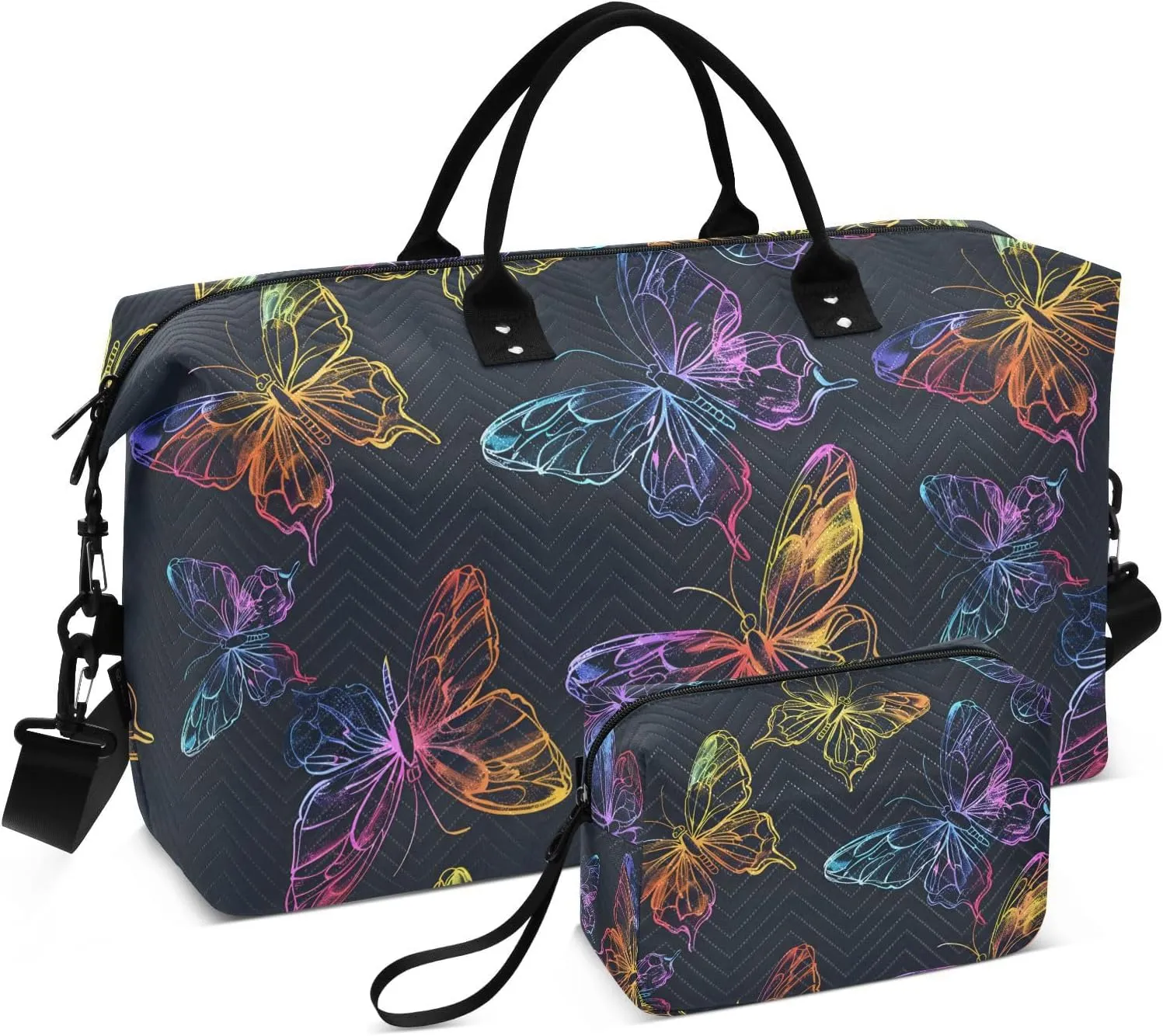 Butterfly Travel Duffle Bag Gym Bag, Bright Neon Butterflies Weekender Bags for Women with Toiletry Bag Travel Tote Bag Swim Bag