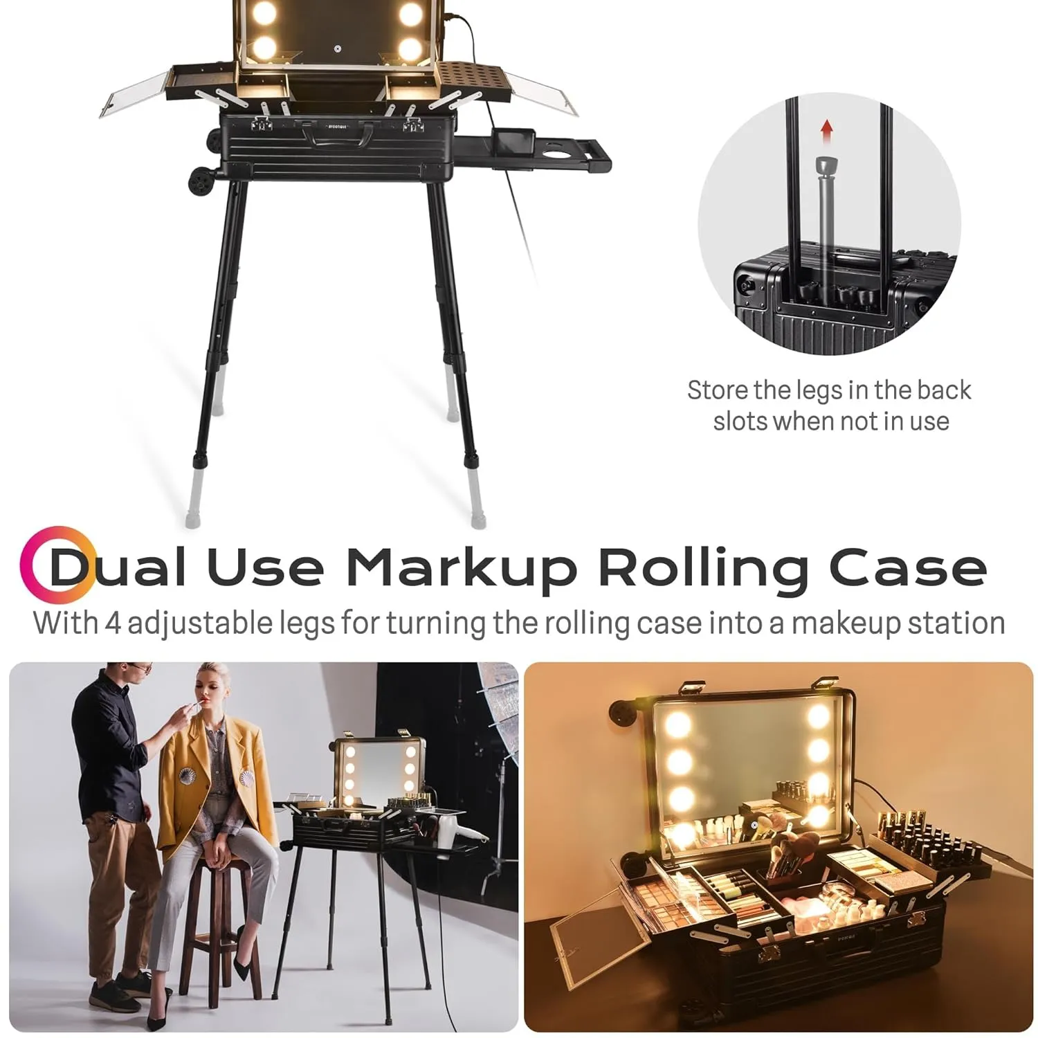 BYOOTIQUE Rolling Makeup Case with LED Lighted Mirror 22 Inch Professional Cosmetic Organizer Storage Travel Aluminum Trolley Case with Extendable Tray Adjustable Leg For Makeup Artist Studio Salon