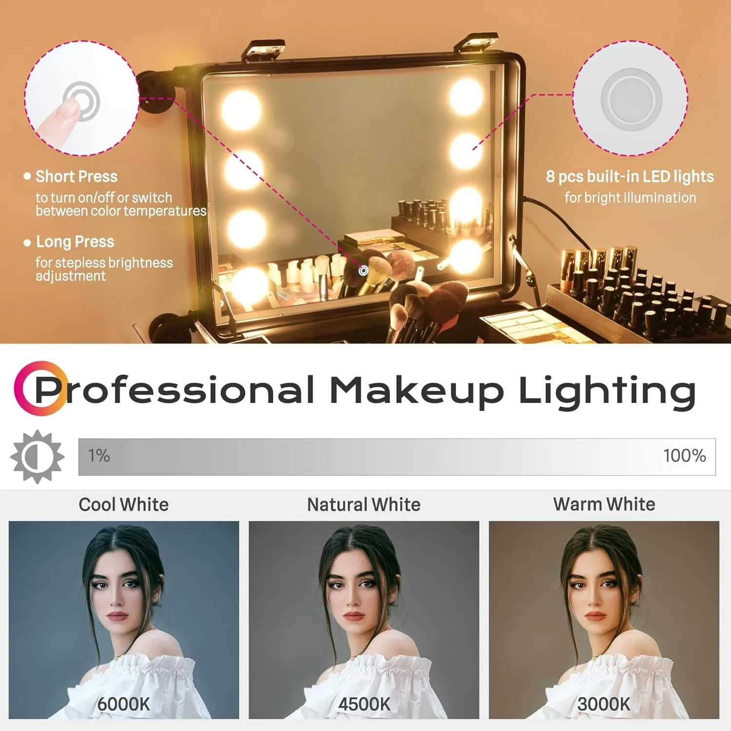 BYOOTIQUE Rolling Makeup Case with LED Lighted Mirror 22 Inch Professional Cosmetic Organizer Storage Travel Aluminum Trolley Case with Extendable Tray Adjustable Leg For Makeup Artist Studio Salon