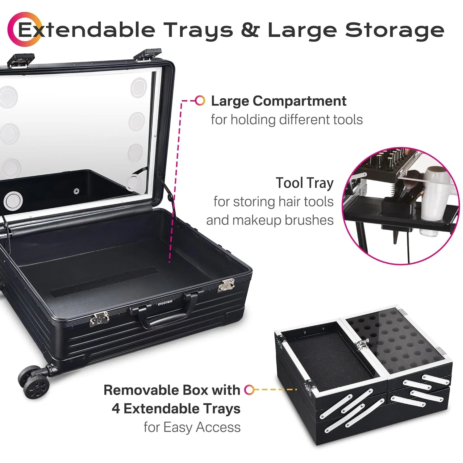BYOOTIQUE Rolling Makeup Case with LED Lighted Mirror 22 Inch Professional Cosmetic Organizer Storage Travel Aluminum Trolley Case with Extendable Tray Adjustable Leg For Makeup Artist Studio Salon