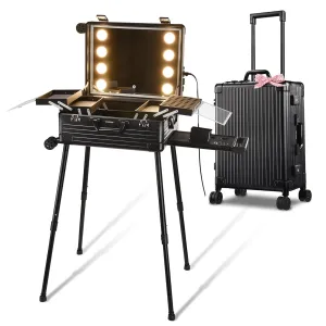 BYOOTIQUE Rolling Makeup Case with LED Lighted Mirror 22 Inch Professional Cosmetic Organizer Storage Travel Aluminum Trolley Case with Extendable Tray Adjustable Leg For Makeup Artist Studio Salon