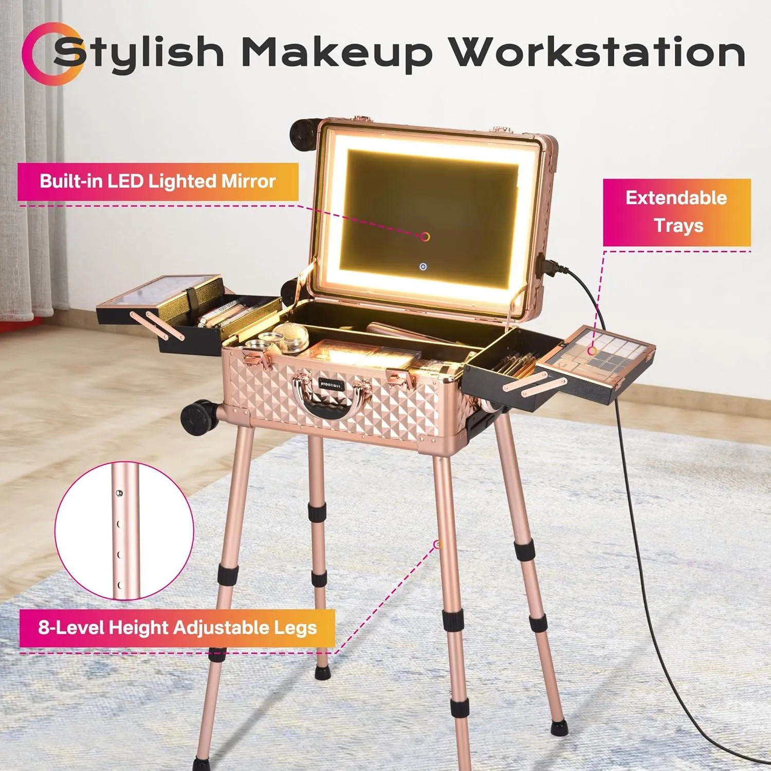 BYOOTIQUE Rolling Makeup Train Case with LED Lighted Mirror 20 inch Case Cosmetic Organizer Storage Trolley with Extendable Tray Adjustable Leg For Makeup Vanity Station Studio Travel Rose Gold