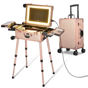 BYOOTIQUE Rolling Makeup Train Case with LED Lighted Mirror 20 inch Case Cosmetic Organizer Storage Trolley with Extendable Tray Adjustable Leg For Makeup Vanity Station Studio Travel Rose Gold