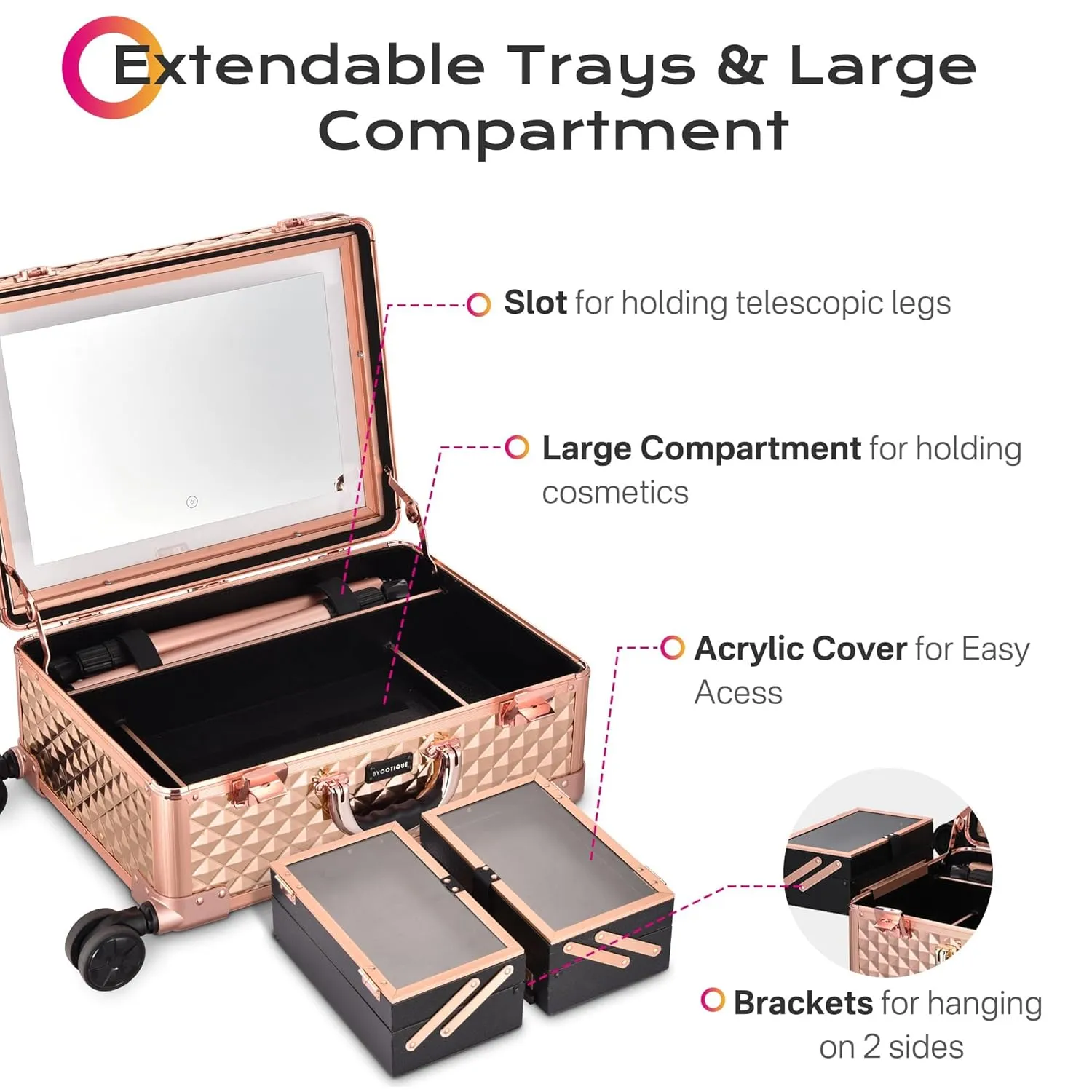 BYOOTIQUE Rolling Makeup Train Case with LED Lighted Mirror 20 inch Case Cosmetic Organizer Storage Trolley with Extendable Tray Adjustable Leg For Makeup Vanity Station Studio Travel Rose Gold