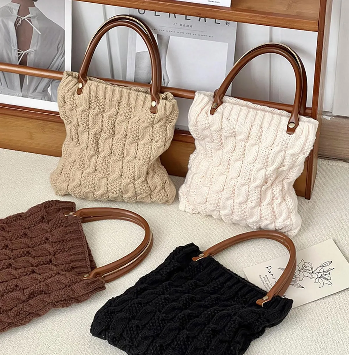 Cable Knit Crochet Tote Bag for Women Leather Top Handle Solid Color Small Hand Bags Clutch Purse, Grey