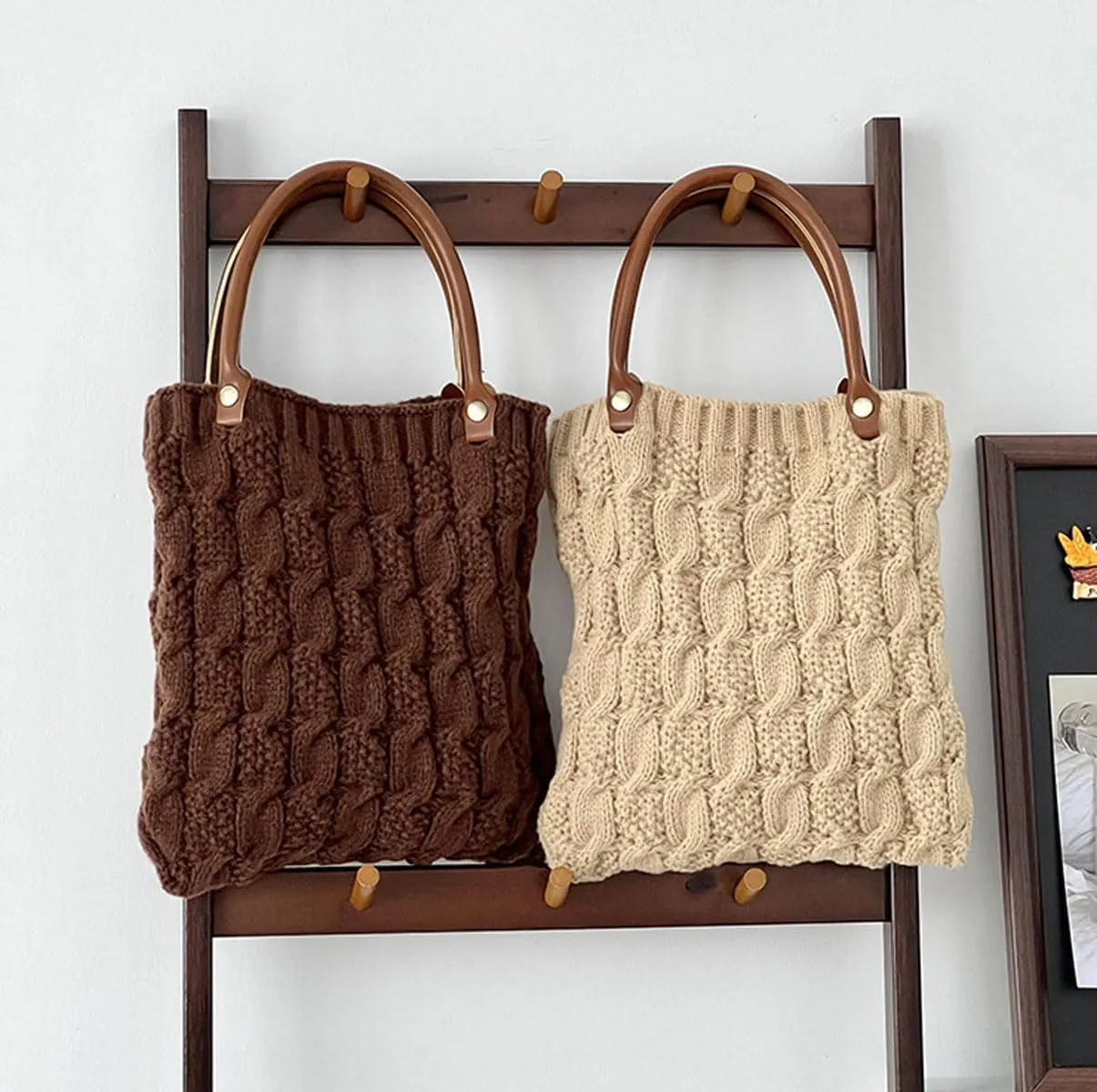 Cable Knit Crochet Tote Bag for Women Leather Top Handle Solid Color Small Hand Bags Clutch Purse, Grey