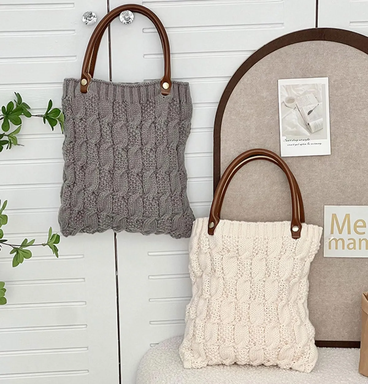Cable Knit Crochet Tote Bag for Women Leather Top Handle Solid Color Small Hand Bags Clutch Purse, Grey
