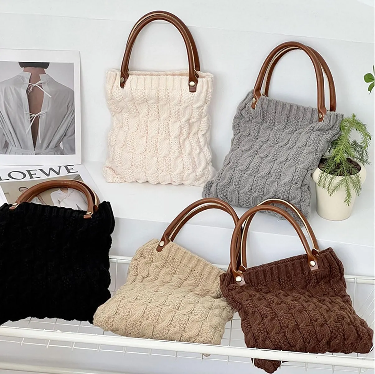 Cable Knit Crochet Tote Bag for Women Leather Top Handle Solid Color Small Hand Bags Clutch Purse, Grey