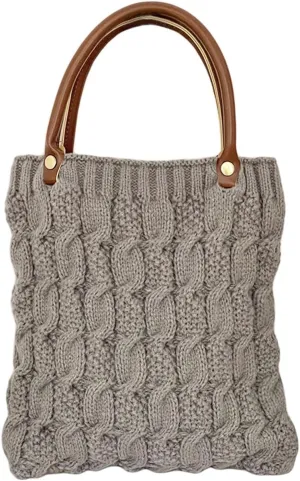 Cable Knit Crochet Tote Bag for Women Leather Top Handle Solid Color Small Hand Bags Clutch Purse, Grey