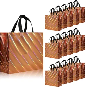 cabzymx 16 Pcs Unique Dazzling Rose Gold Reusable Gift Bags with Handles & Bases, Shiny Non-woven Holiday Goodie Bags Bulk for Birthday, Wedding, Party- 12.6x4.7x11 In