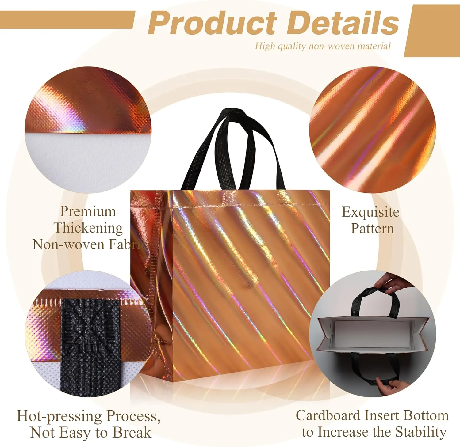cabzymx 16 Pcs Unique Dazzling Rose Gold Reusable Gift Bags with Handles & Bases, Shiny Non-woven Holiday Goodie Bags Bulk for Birthday, Wedding, Party- 12.6x4.7x11 In