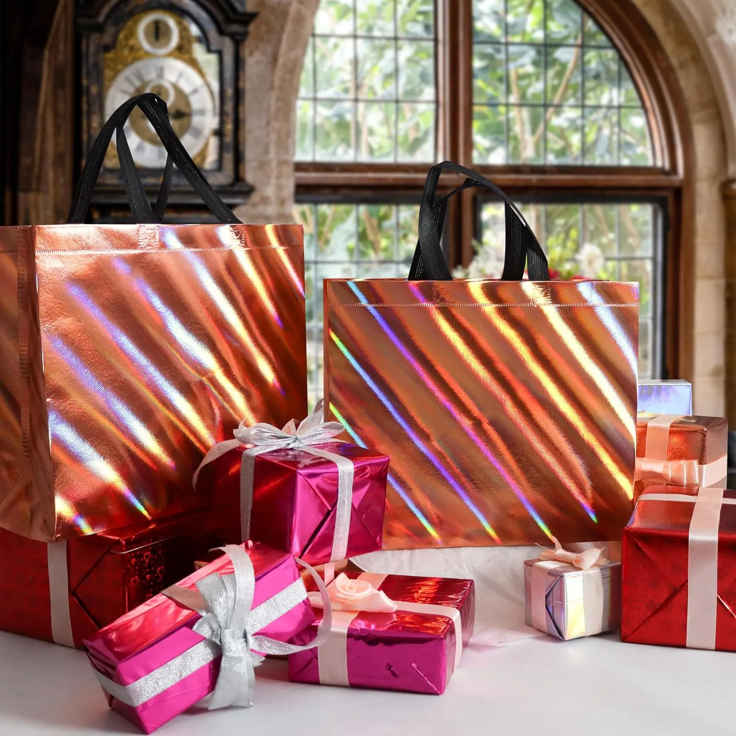 cabzymx 16 Pcs Unique Dazzling Rose Gold Reusable Gift Bags with Handles & Bases, Shiny Non-woven Holiday Goodie Bags Bulk for Birthday, Wedding, Party- 12.6x4.7x11 In