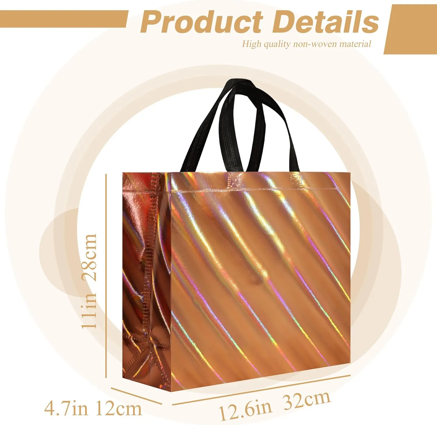 cabzymx 16 Pcs Unique Dazzling Rose Gold Reusable Gift Bags with Handles & Bases, Shiny Non-woven Holiday Goodie Bags Bulk for Birthday, Wedding, Party- 12.6x4.7x11 In
