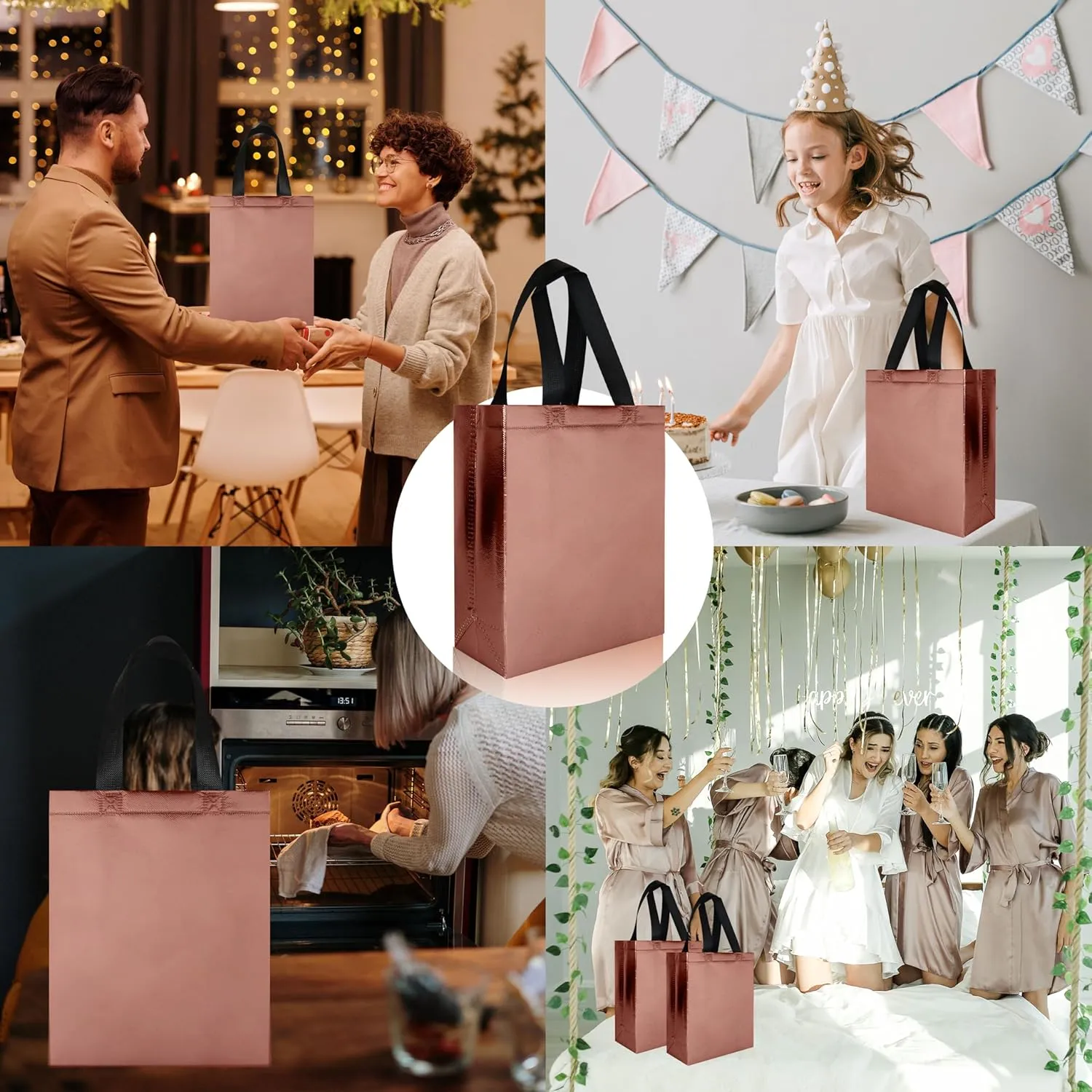cabzymx Glossy Small Gift Bags 18 pcs, Rose Gold Non-woven Christmas Treat Bags, 7.9 x 3.9 x 9.8 In Reusable Goodie Bags Bulk with Sturdy Base for Birthday, Wedding, Easter, Thanksgiving, Holiday