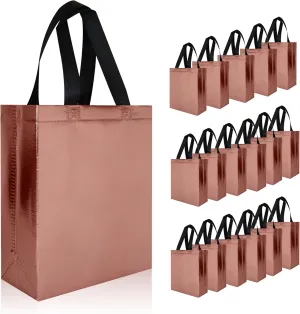 cabzymx Glossy Small Gift Bags 18 pcs, Rose Gold Non-woven Christmas Treat Bags, 7.9 x 3.9 x 9.8 In Reusable Goodie Bags Bulk with Sturdy Base for Birthday, Wedding, Easter, Thanksgiving, Holiday