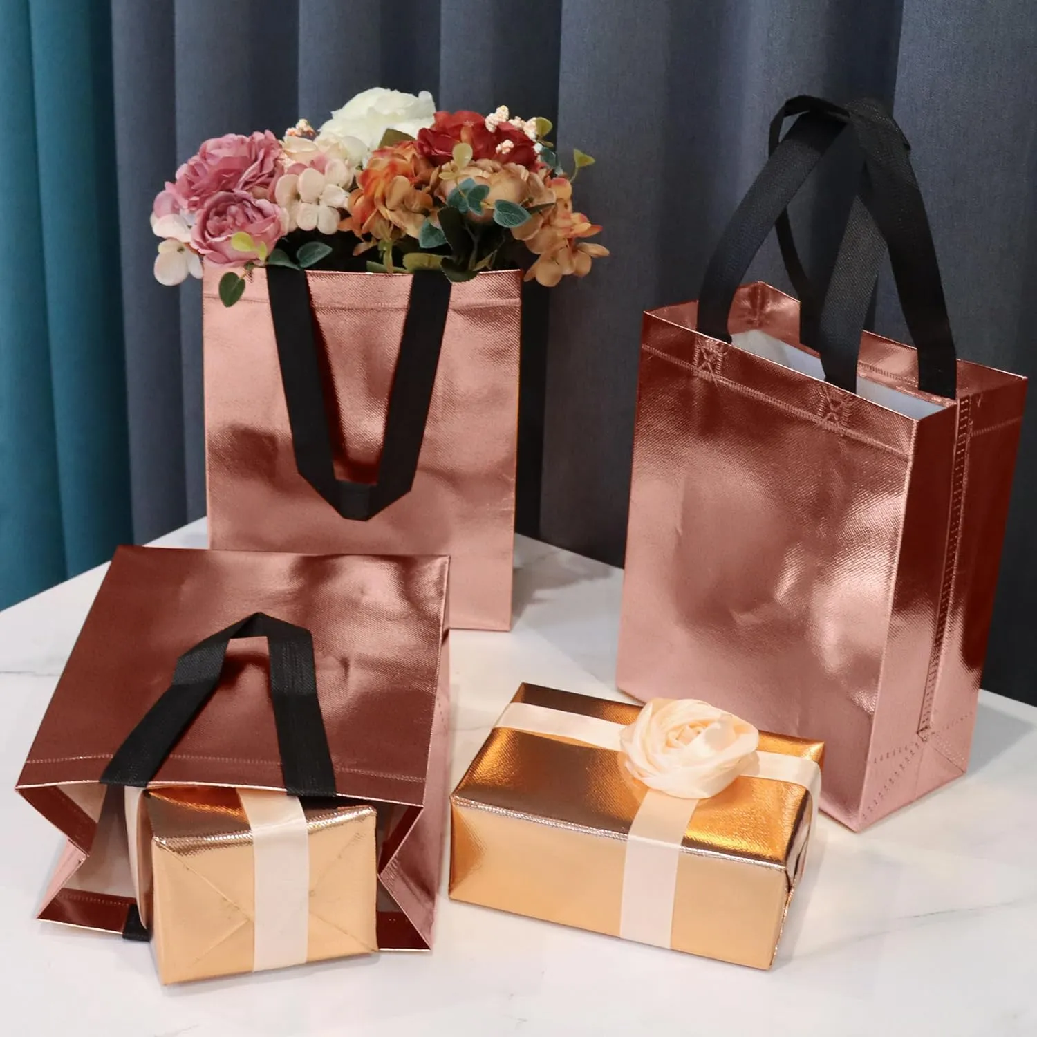 cabzymx Glossy Small Gift Bags 18 pcs, Rose Gold Non-woven Christmas Treat Bags, 7.9 x 3.9 x 9.8 In Reusable Goodie Bags Bulk with Sturdy Base for Birthday, Wedding, Easter, Thanksgiving, Holiday