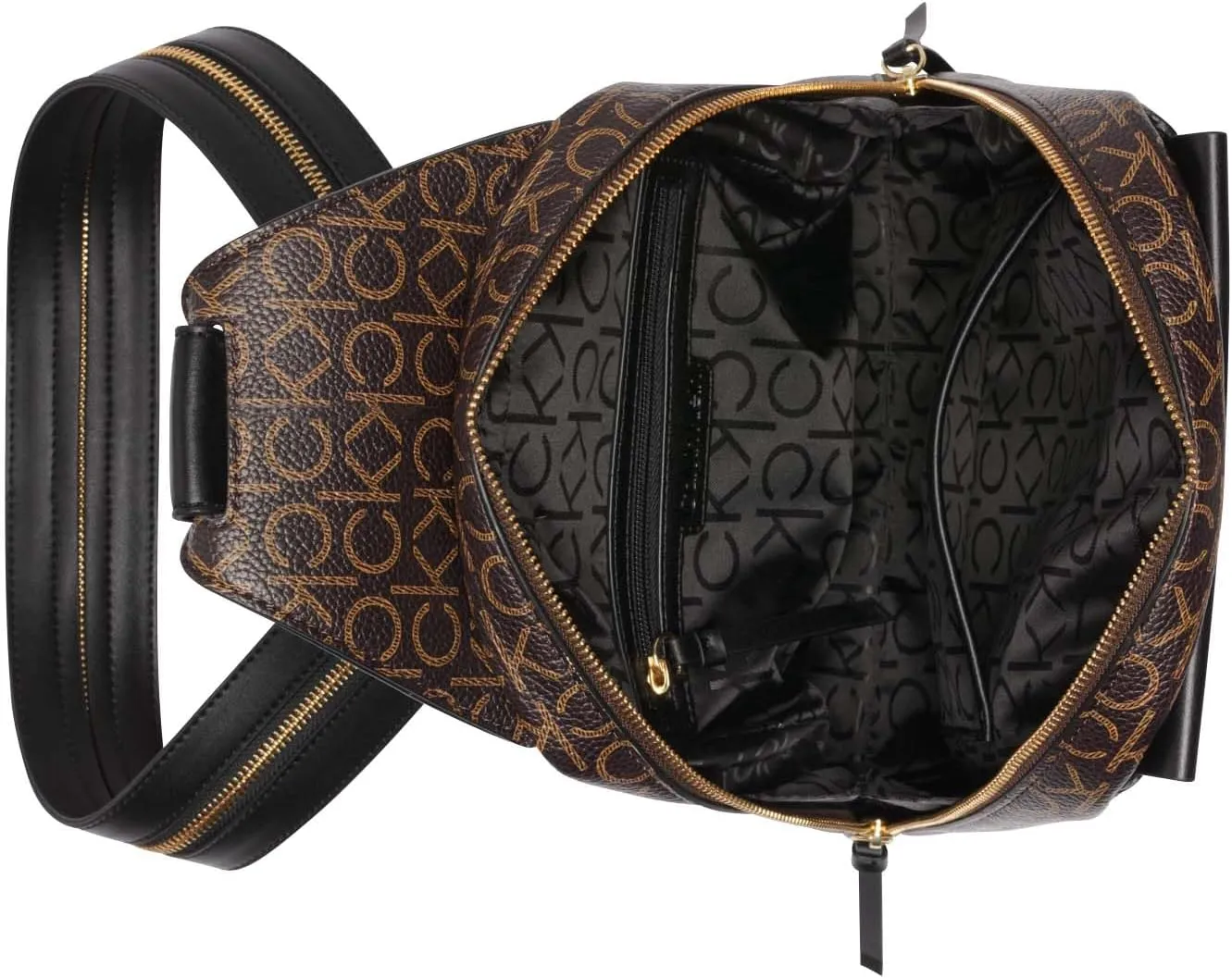 Calvin Klein Women's Millie Backpack for Women – Vegan Leather Monogram Backpack, 2 Pockets, Brown/Khaki/Black, One Size