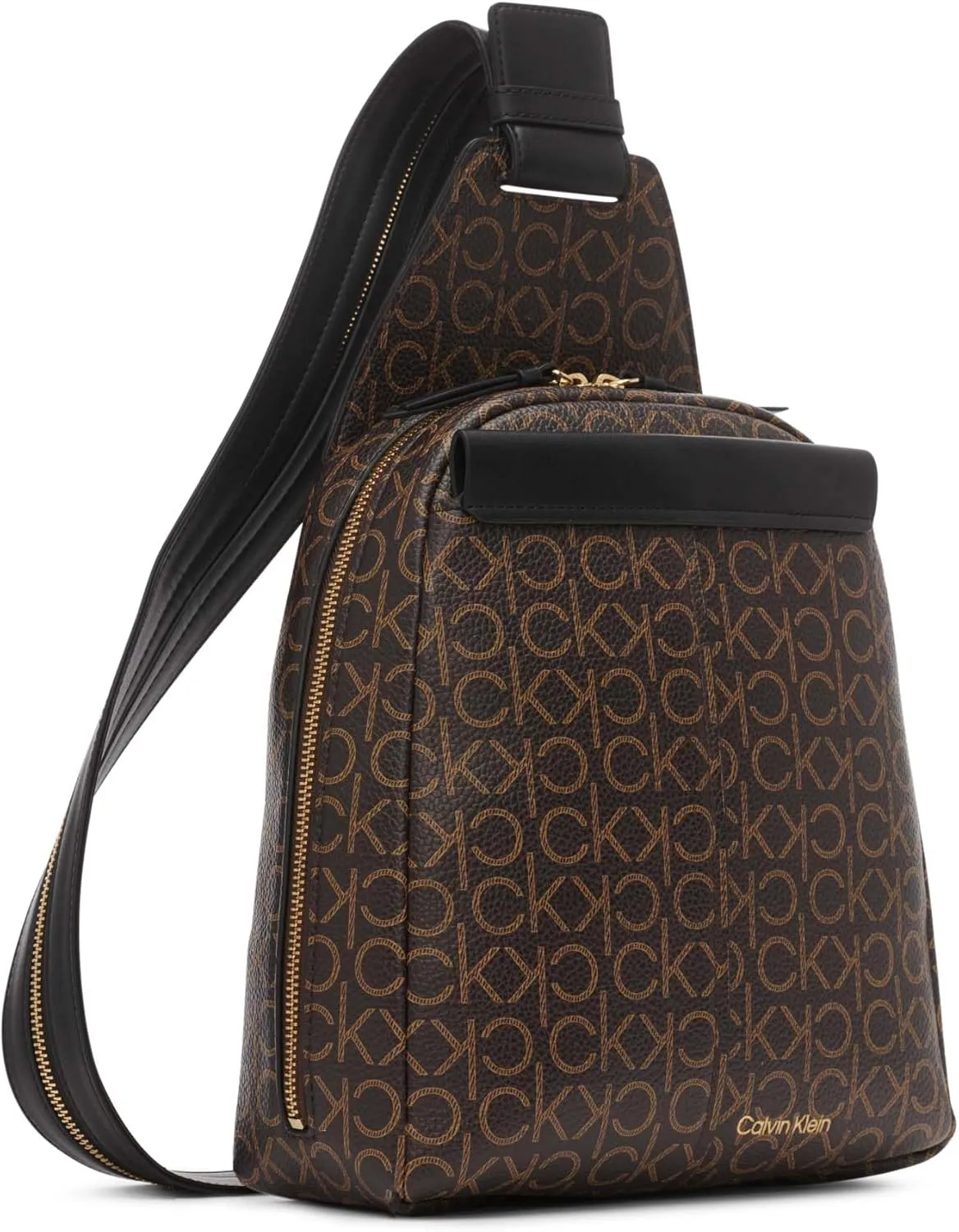 Calvin Klein Women's Millie Backpack for Women – Vegan Leather Monogram Backpack, 2 Pockets, Brown/Khaki/Black, One Size