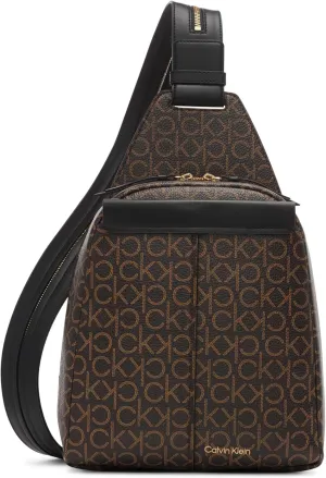 Calvin Klein Women's Millie Backpack for Women – Vegan Leather Monogram Backpack, 2 Pockets, Brown/Khaki/Black, One Size
