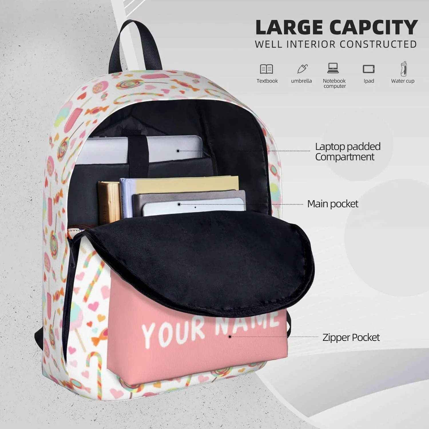 Candy-pink Laptop Backpack for Girls Boys, Customized with Name, Oxford Fabric, Adjustable Straps, 17in