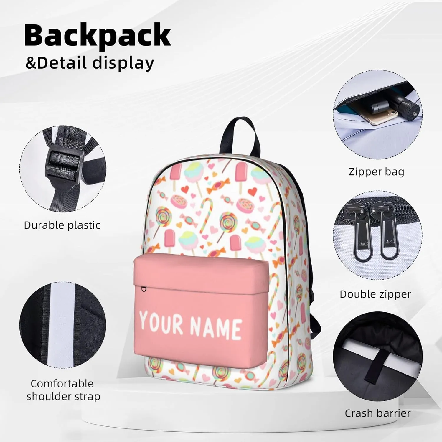 Candy-pink Laptop Backpack for Girls Boys, Customized with Name, Oxford Fabric, Adjustable Straps, 17in