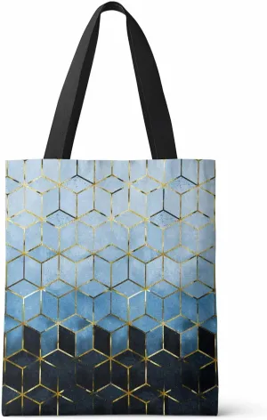 Canvas Tote Bag Abstract 3D Geometric Blue Gradient Reusable Grocery Shopping Bags Shoulder Bag for Gym Work