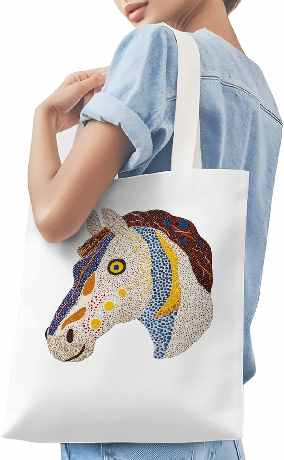 Canvas Tote Bag, Boho Geometric Horse Print patterned Canvas Tote Handbags for Women Shoulder Bag,