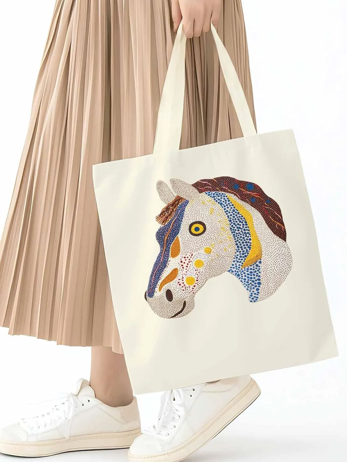 Canvas Tote Bag, Boho Geometric Horse Print patterned Canvas Tote Handbags for Women Shoulder Bag,