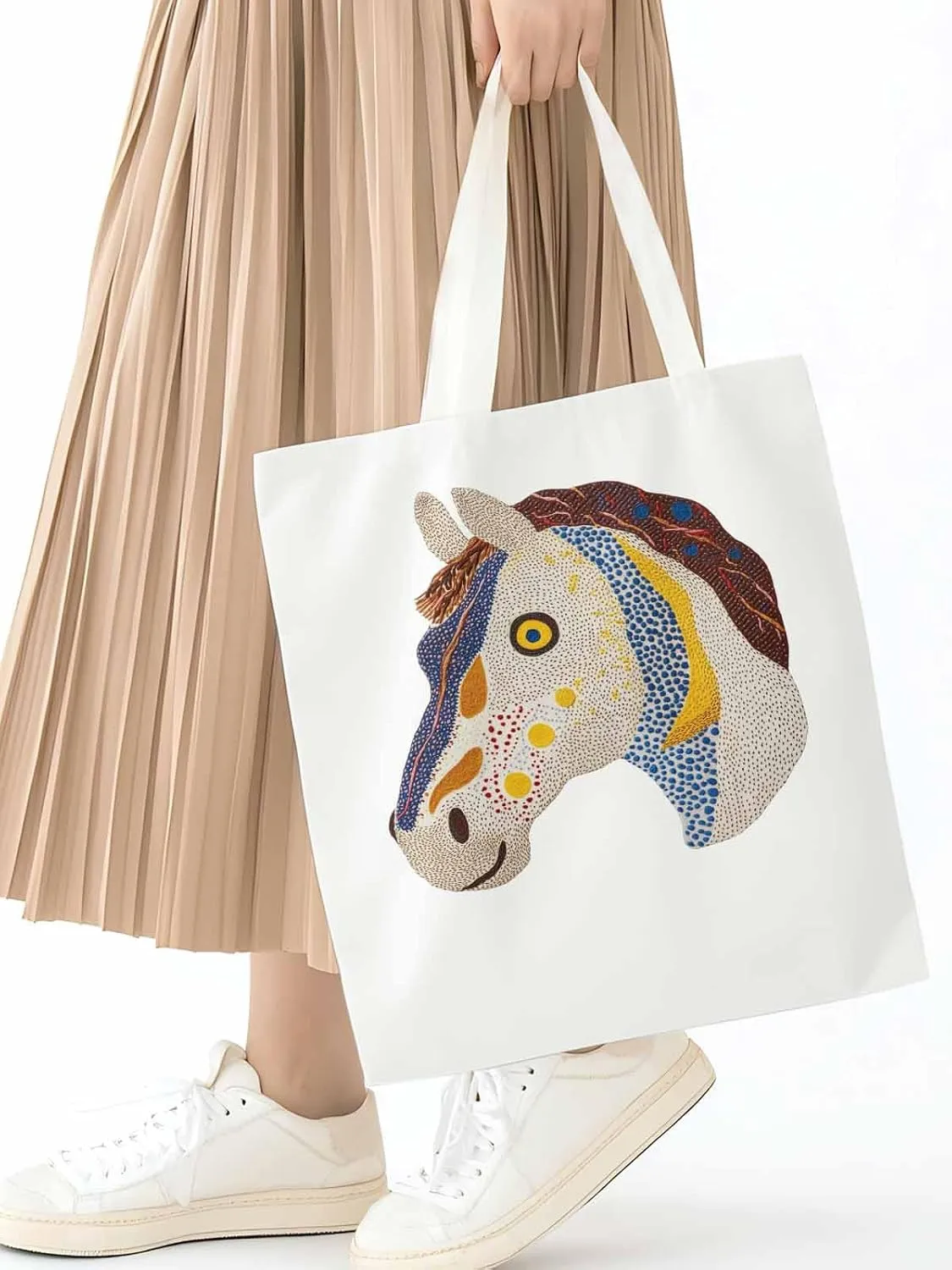 Canvas Tote Bag, Boho Geometric Horse Print patterned Canvas Tote Handbags for Women Shoulder Bag,
