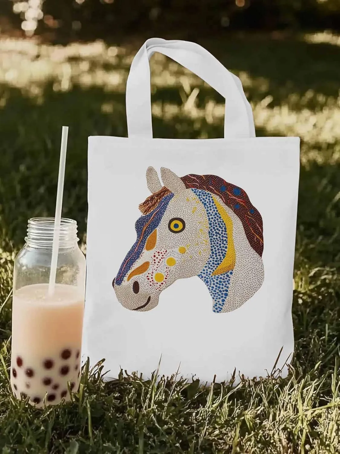 Canvas Tote Bag, Boho Geometric Horse Print patterned Canvas Tote Handbags for Women Shoulder Bag,