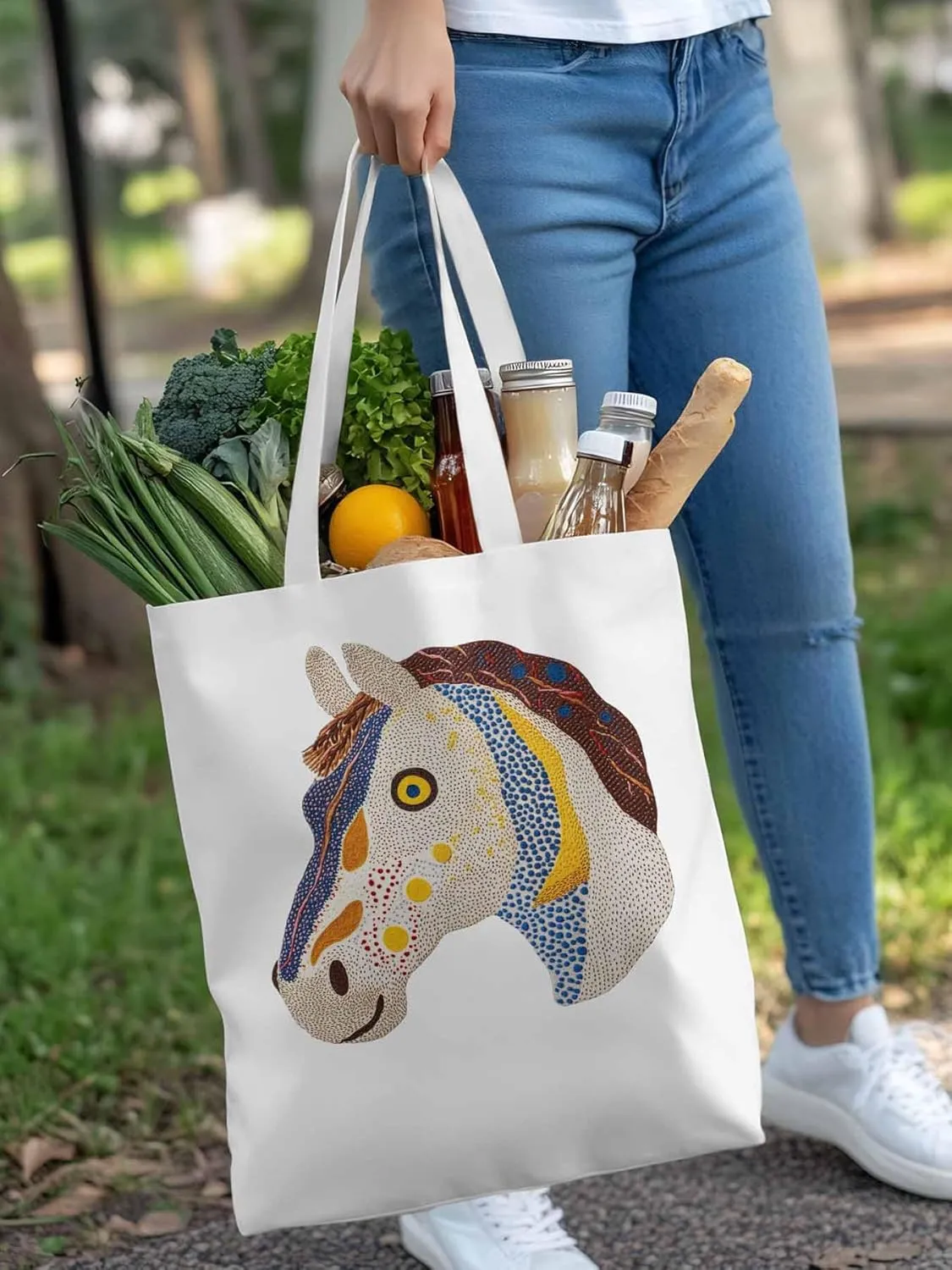 Canvas Tote Bag, Boho Geometric Horse Print patterned Canvas Tote Handbags for Women Shoulder Bag,