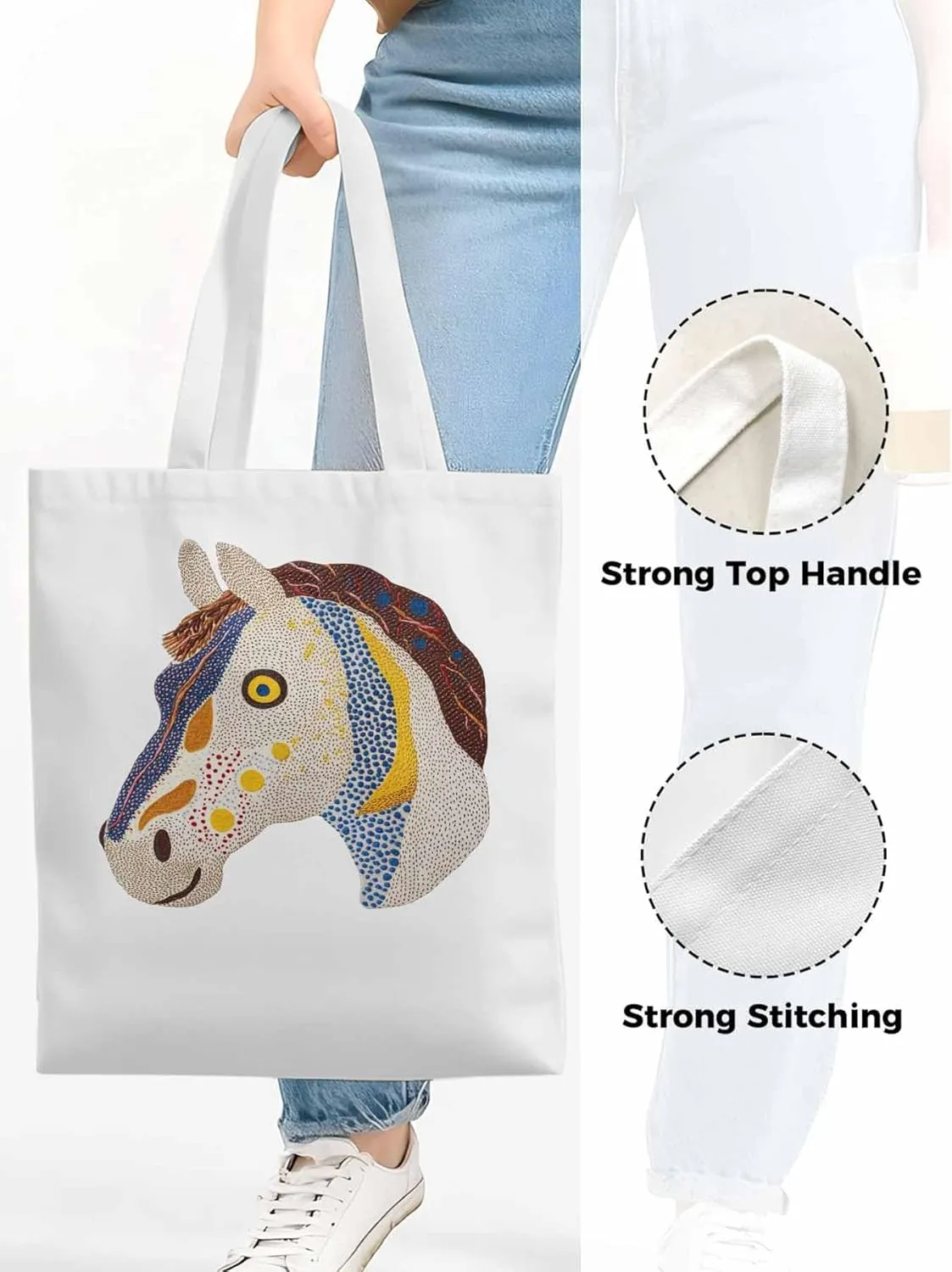 Canvas Tote Bag, Boho Geometric Horse Print patterned Canvas Tote Handbags for Women Shoulder Bag,