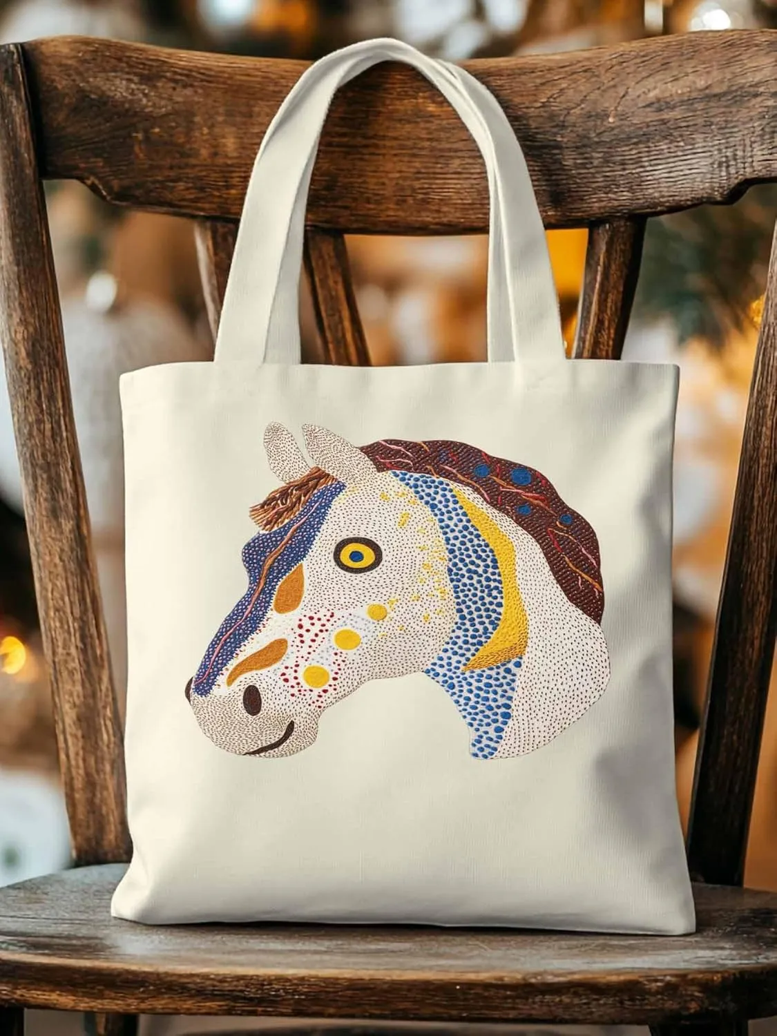 Canvas Tote Bag, Boho Geometric Horse Print patterned Canvas Tote Handbags for Women Shoulder Bag,