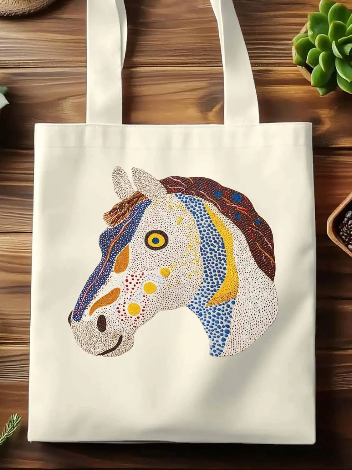 Canvas Tote Bag, Boho Geometric Horse Print patterned Canvas Tote Handbags for Women Shoulder Bag,