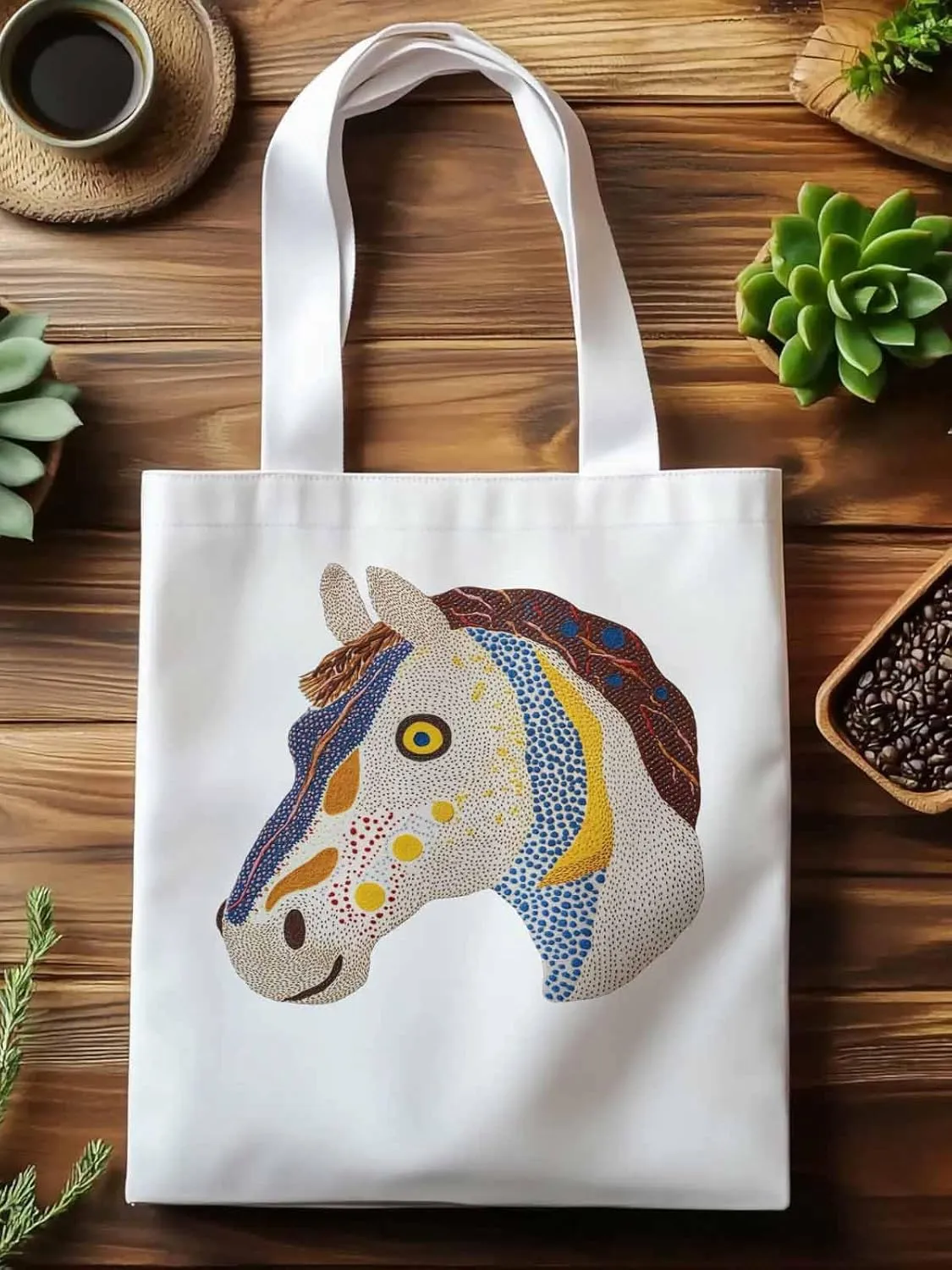 Canvas Tote Bag, Boho Geometric Horse Print patterned Canvas Tote Handbags for Women Shoulder Bag,
