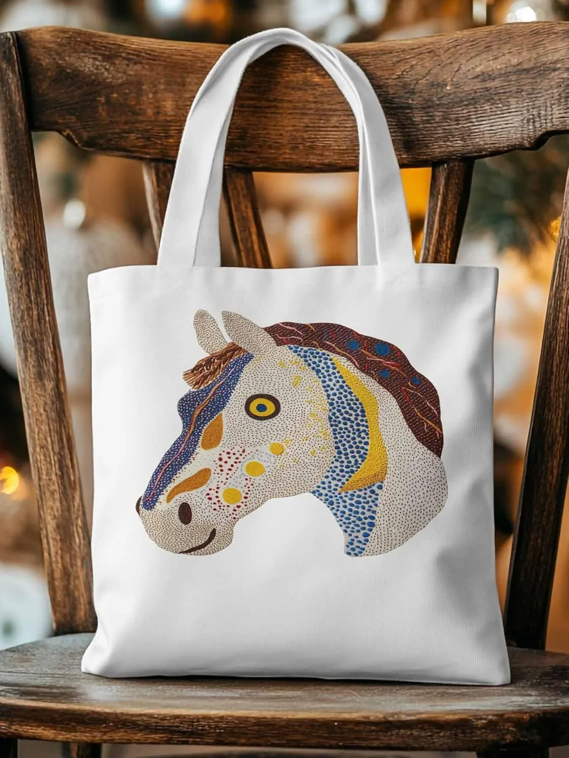 Canvas Tote Bag, Boho Geometric Horse Print patterned Canvas Tote Handbags for Women Shoulder Bag,