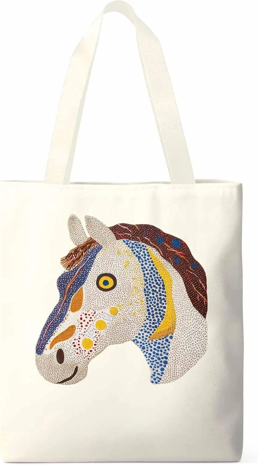 Canvas Tote Bag, Boho Geometric Horse Print patterned Canvas Tote Handbags for Women Shoulder Bag,
