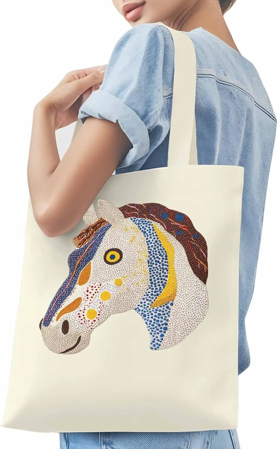 Canvas Tote Bag, Boho Geometric Horse Print patterned Canvas Tote Handbags for Women Shoulder Bag,